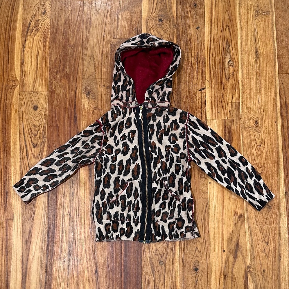 Knitwit Kids Cashmere Leopard Print Hooded Zip Up Sweater Size 12-18 Months